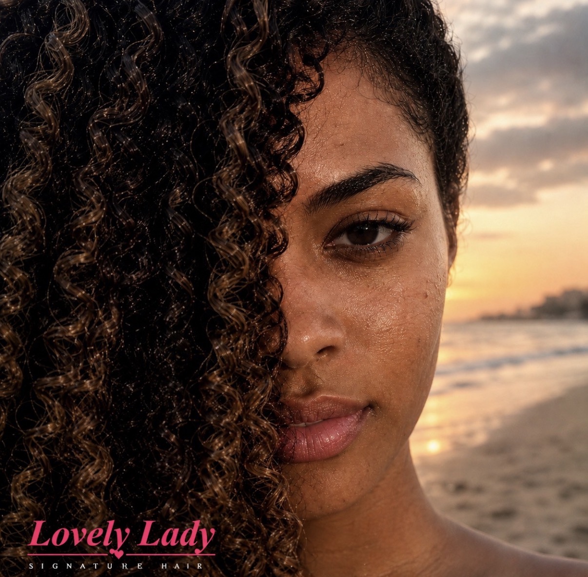 Close-up of Lovely Lady Signature Hair curly texture at sunset on the beach
