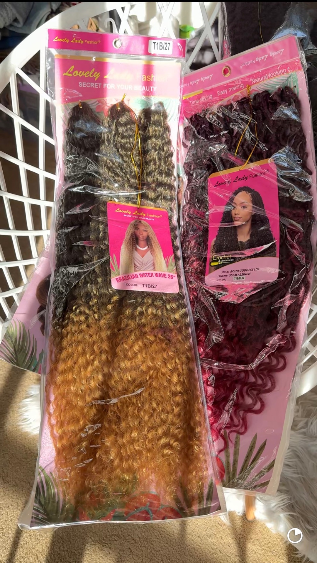 Brazilian Water Wave 26" in colour T1B/27 and Boho Goddess Loc 22" in T1B/BUG in Lovely Lady Fashion packaging